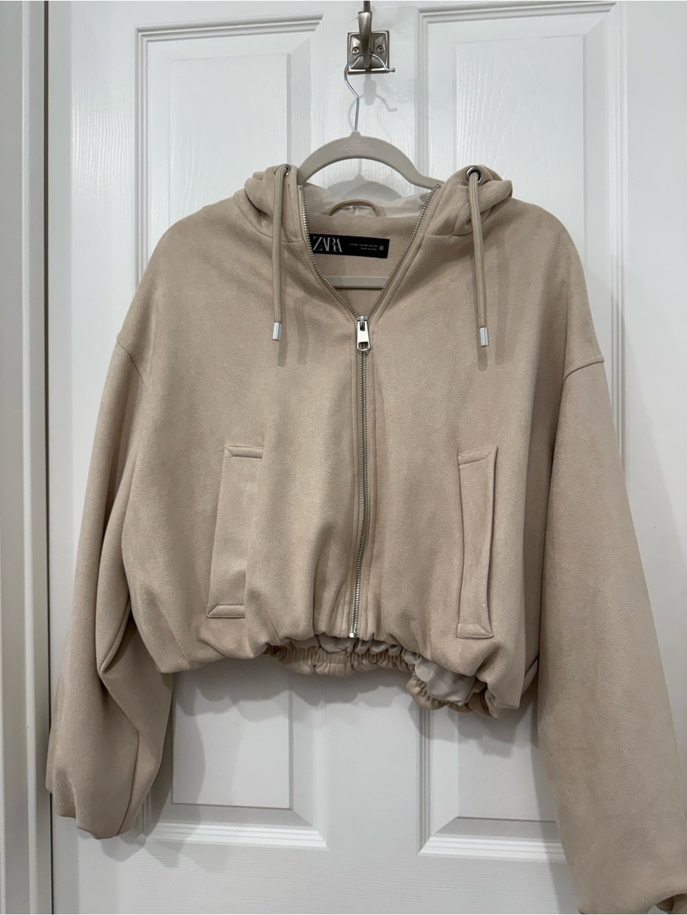 Zara Beige Cropped Hooded Bomber Jacket-Size S